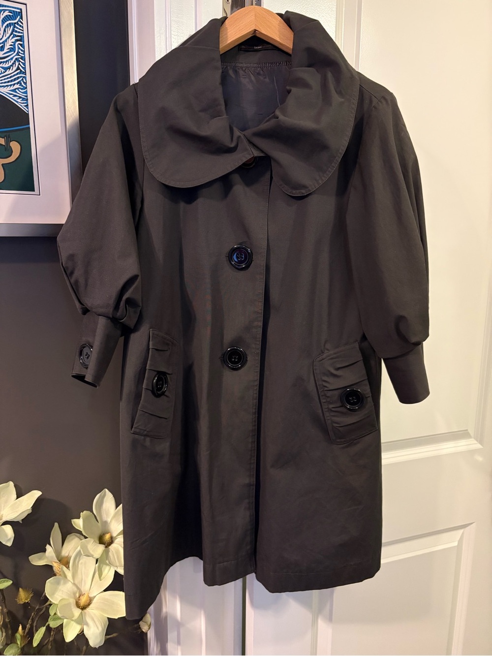Charcoal Women's Oversized Button Front Coat with Puff Sleeves M